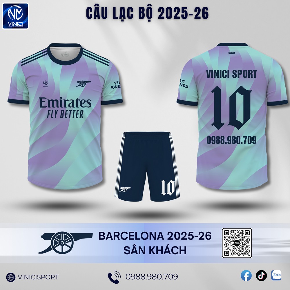 Áo đấu Barcelona 2025–2026 sân khách màu xanh ngọc tím pastel kết hợp họa tiết xoáy cầu vồng cá tính