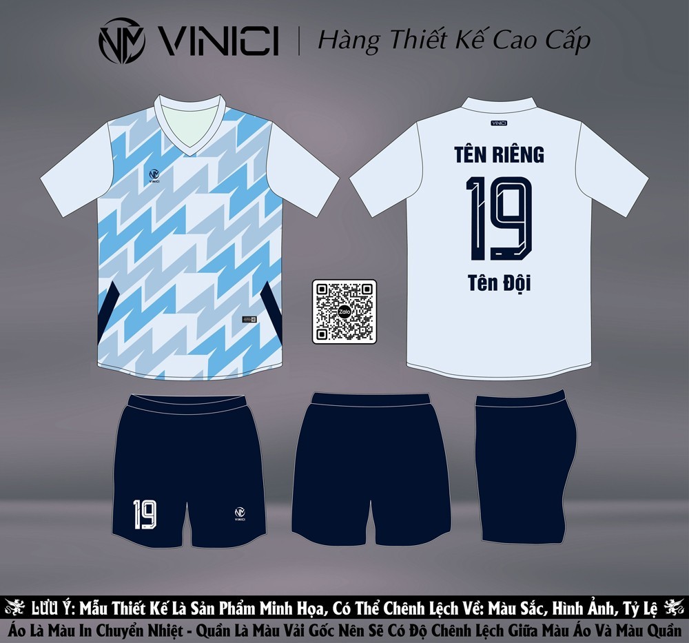 Áo bóng đá thiết kế BD08014 màu trắng xanh phối navy hiện đại của VINICI