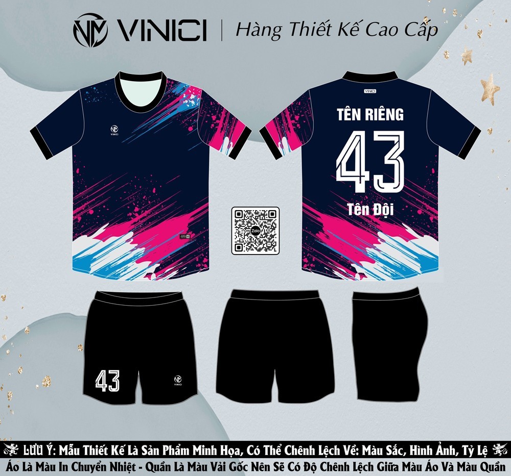 Áo bóng đá thiết kế BD08036 màu xanh navy phối hồng neon hiện đại, nổi bật