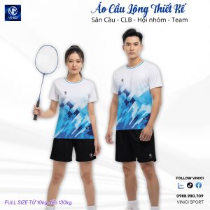 Áo cầu lông thiết kế trắng xanh họa tiết hình khối VNCBMT9