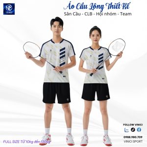 Áo Cầu Lông Trắng Kem Phối Xanh VNCBMT48 - Thiết Kế Unisex Năng Động