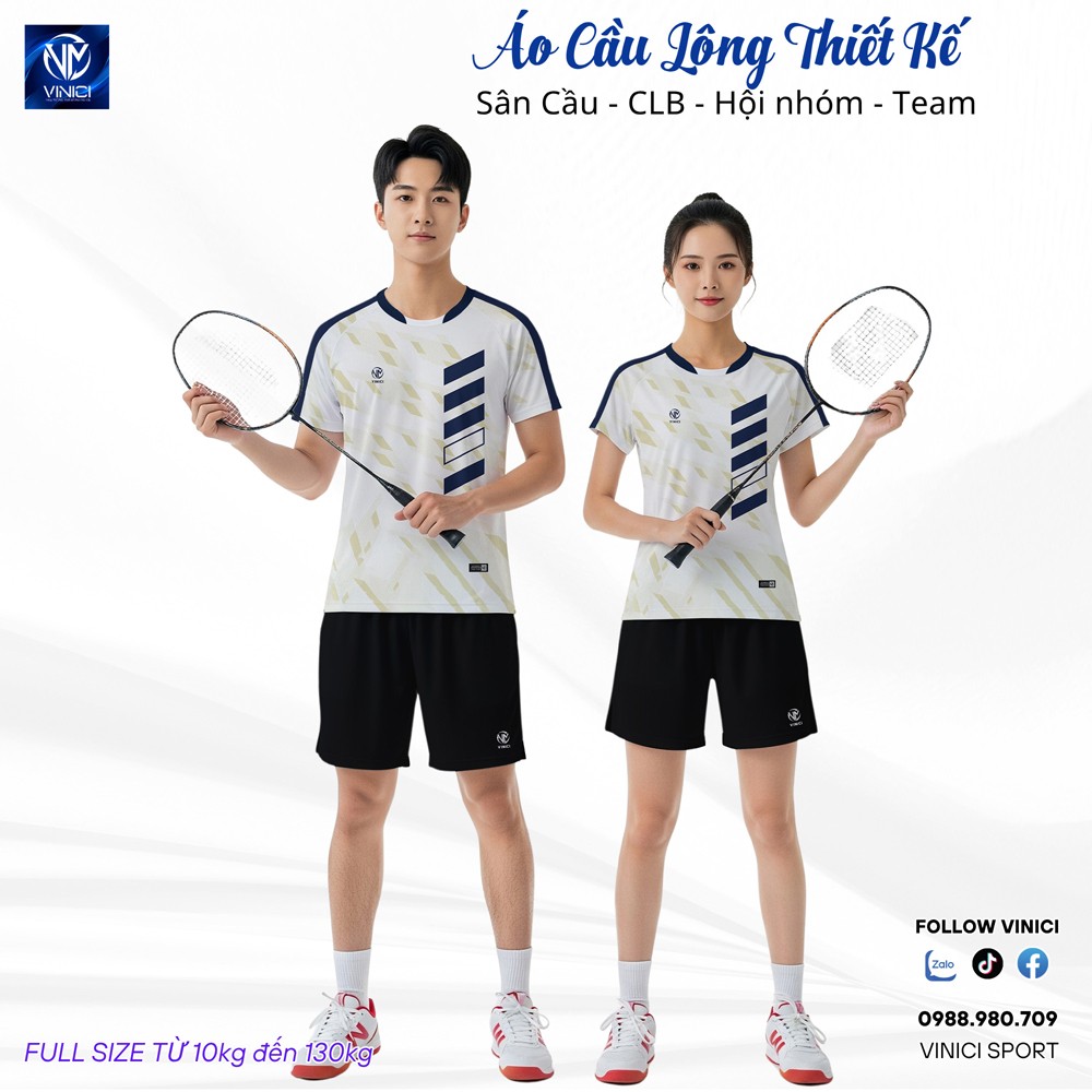 Áo cầu lông trắng kem phối xanh lam thiết kế unisex VNCBMT48