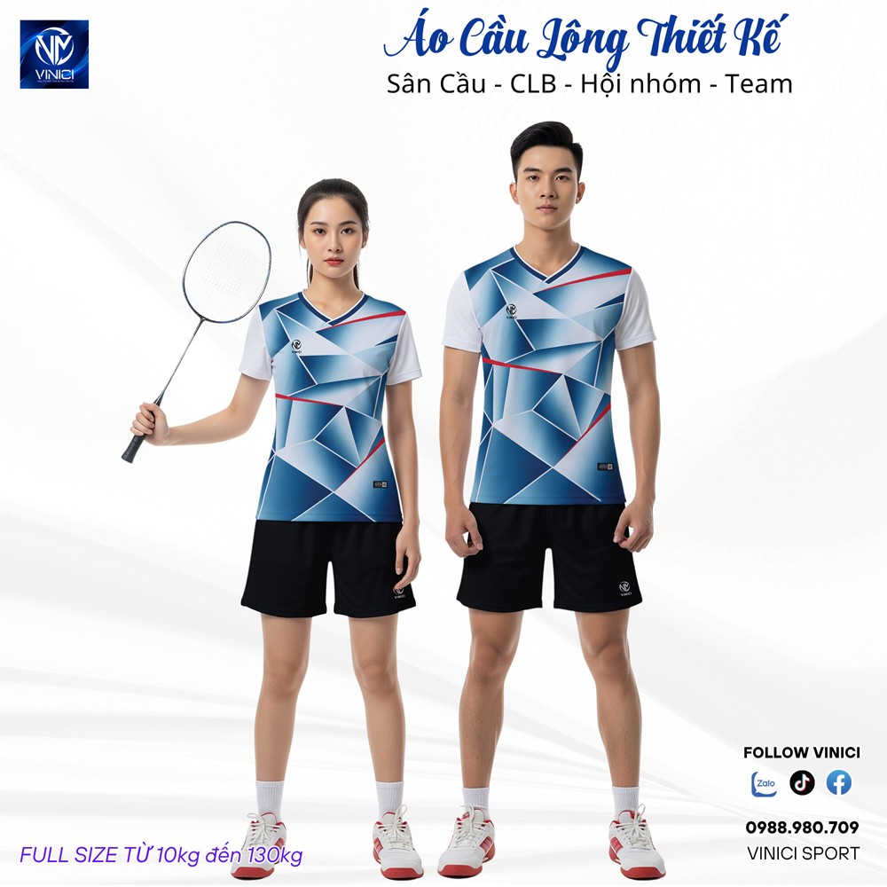 Áo cầu lông VNCBMT49 màu xanh dương phối thời trang, phù hợp thi đấu thể thao