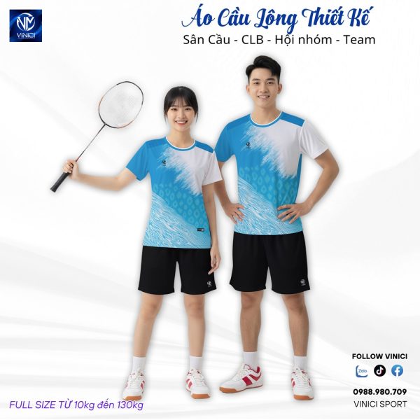 Áo cầu lông thiết kế xanh trắng VNCBMT8 - Năng động & Thoáng mát