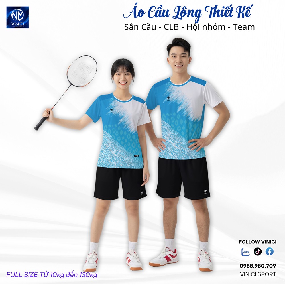 Áo cầu lông thiết kế xanh trắng VNCBMT8 chính hãng, unisex, chất vải thể thao cao cấp