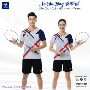 Áo Cầu Lông Thiết Kế Trắng Xanh Đậm Đỏ VNCBMT43
