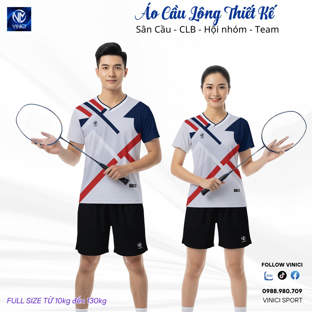 Áo cầu lông thiết kế trắng phối xanh đậm đỏ đen VNCBMT43 Vinici Sport