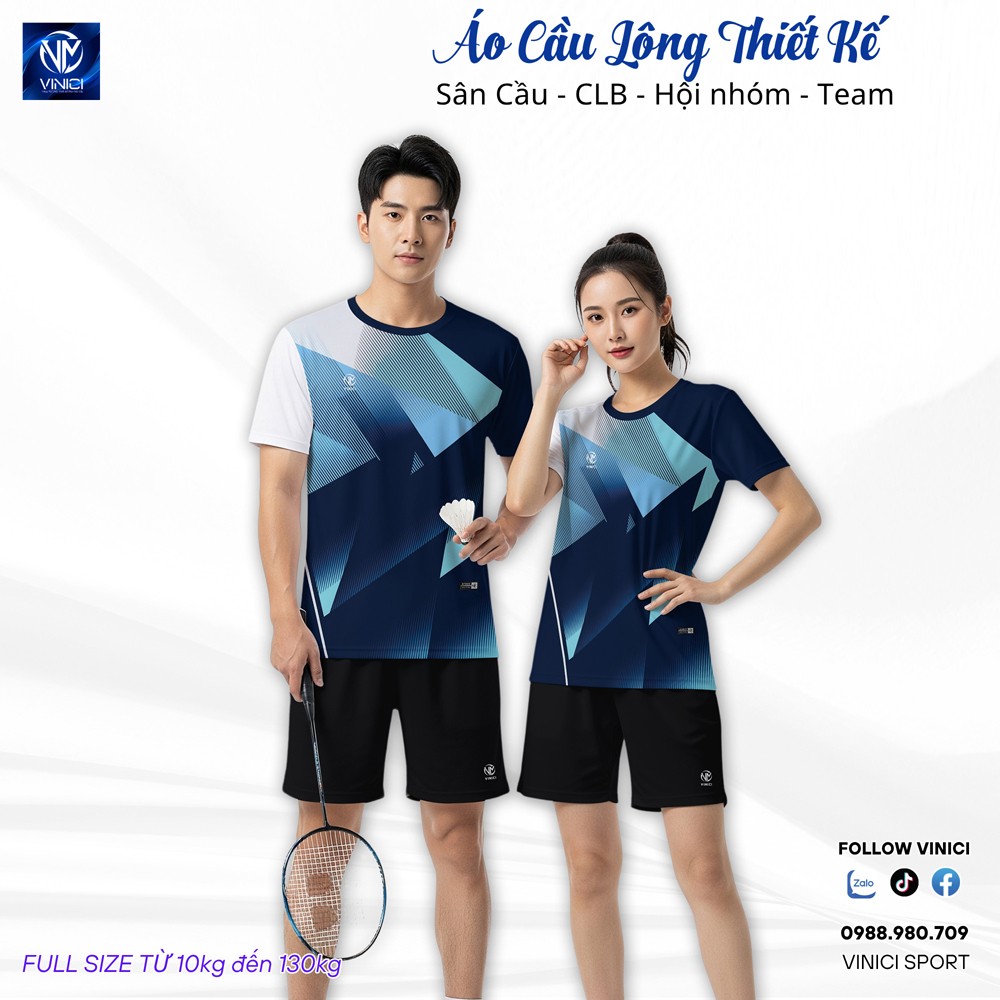 Áo cầu lông thiết kế màu xanh navy phối lam và trắng của Vinici Sport