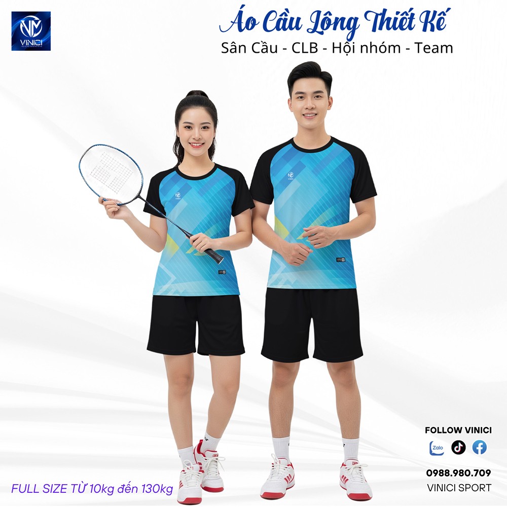 Áo cầu lông thiết kế VNCBMT52 màu xanh dương phối trắng và đen