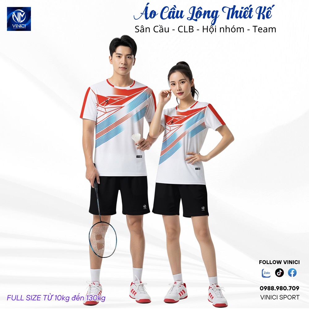 Áo cầu lông trắng phối đỏ cam xanh dương VNCBMT53 unisex thể thao chính hãng