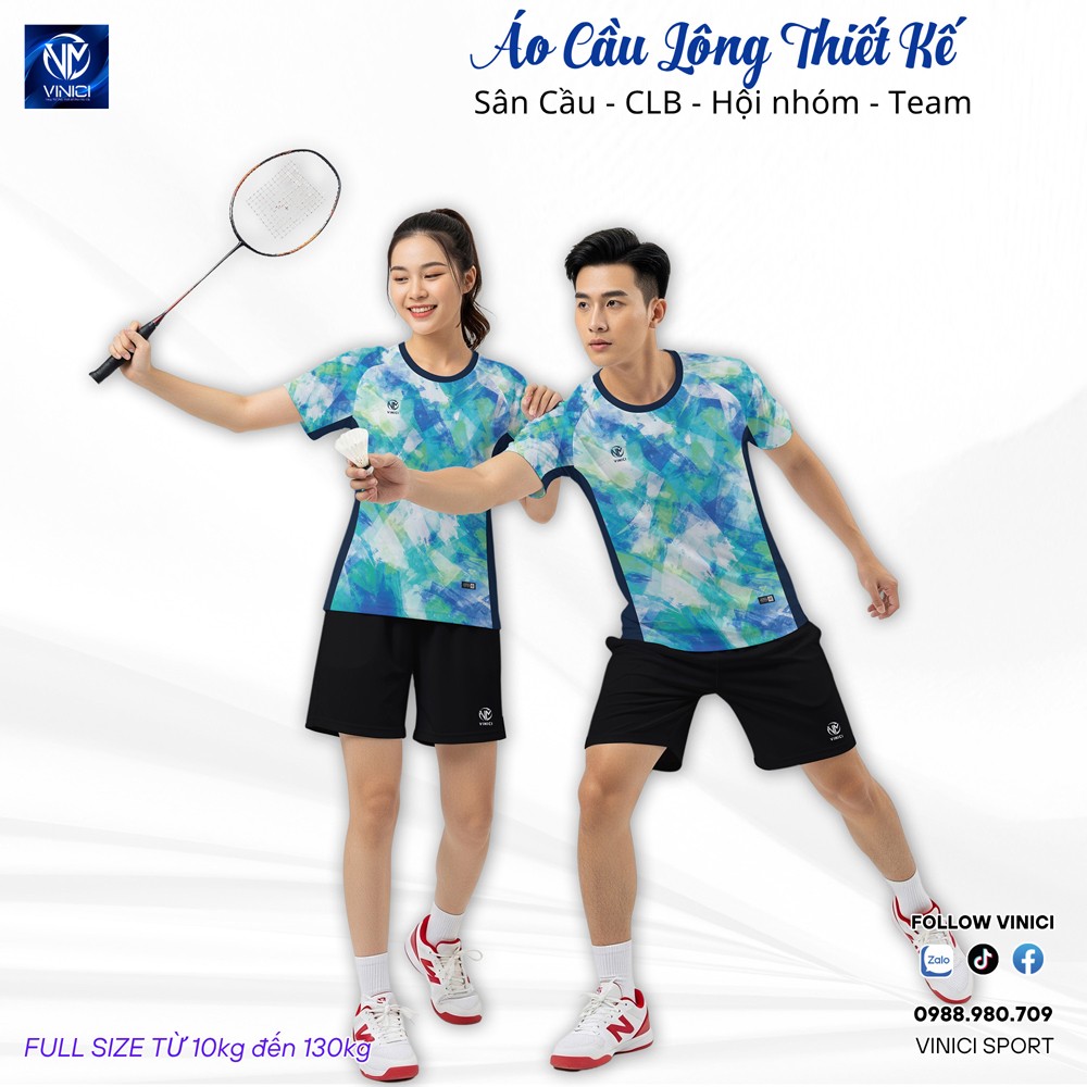 Áo cầu lông thiết kế chính hãng VNCBMT22 xanh dương xanh lá phối trắng của Vinici Sport