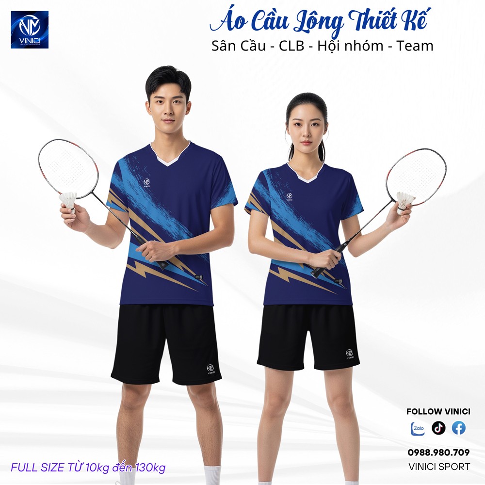Áo cầu lông thiết kế chính hãng VNCBMT29 màu xanh navy phối họa tiết vàng