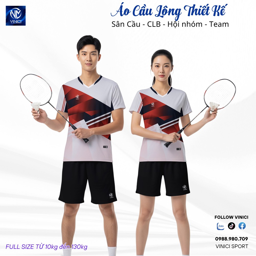 Áo cầu lông thiết kế VNCBMT35 trắng phối đỏ đô - đen - xanh navy dành cho cả nam và nữ