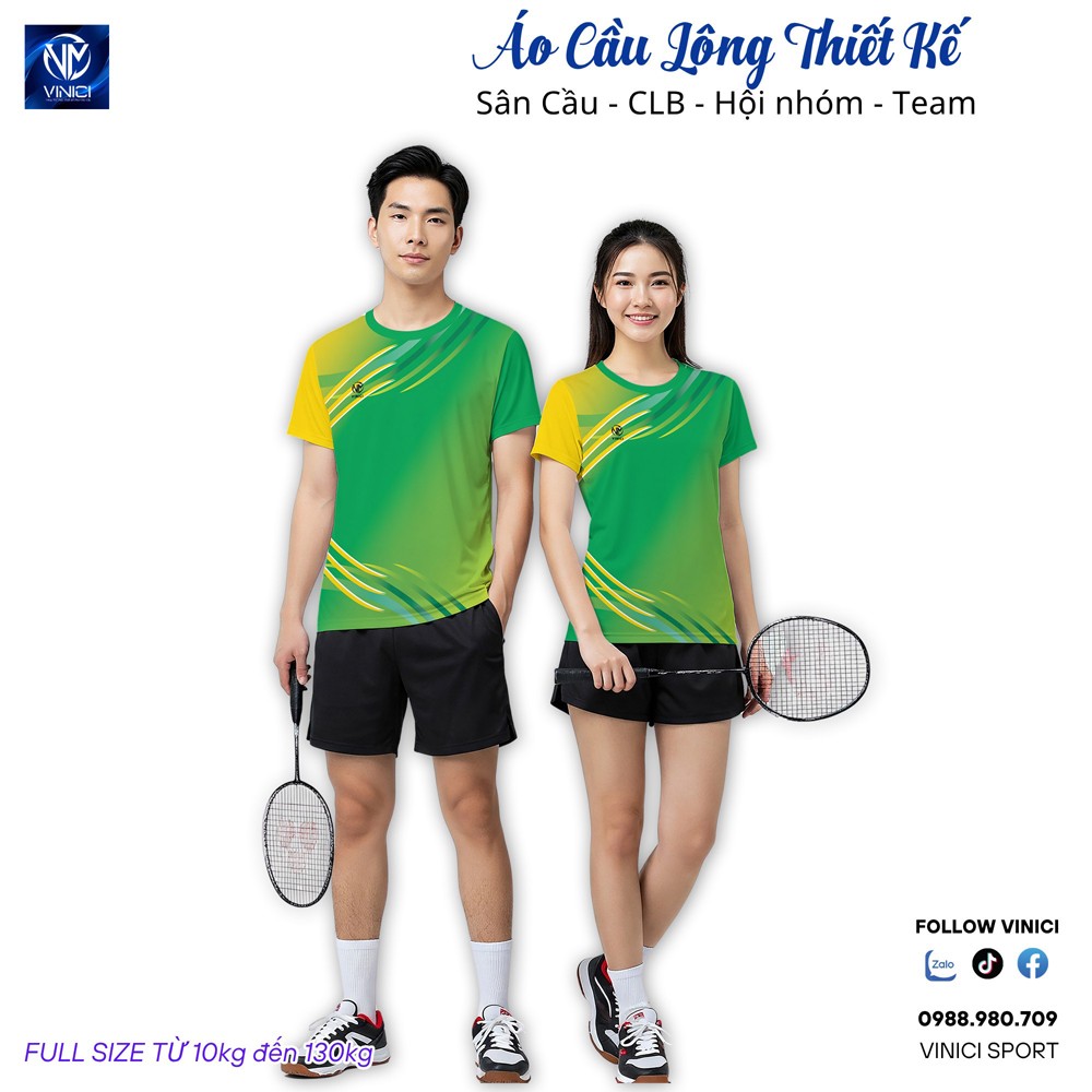 Áo cầu lông thiết kế VNC08096 màu xanh lá đậm nhạt phối vàng nổi bật, phù hợp đội nhóm thi đấu.