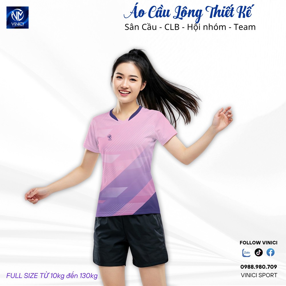 Áo cầu lông thiết kế VNC08116 màu hồng pastel phối tím cho nam nữ, vải thể thao thấm hút mồ hôi