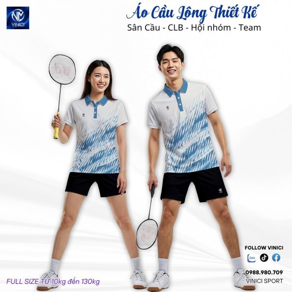 Áo cầu lông thiết kế VNC08120 màu trắng xanh cổ tim đẹp - Ảnh 2