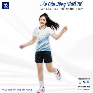 Áo cầu lông thiết kế VNC08120 màu trắng xanh cổ tim đẹp