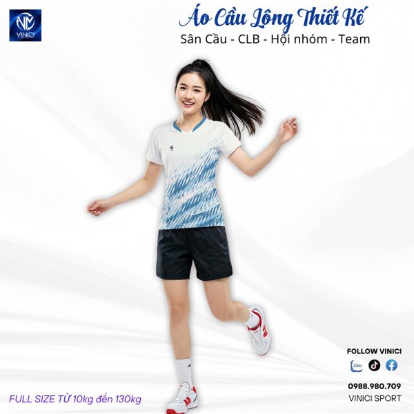 Áo cầu lông thiết kế VNC08120 màu trắng xanh cổ tim đẹp