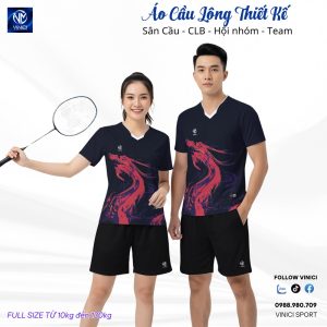 Áo cầu lông thiết kế VNCBMT32 – Họa tiết rồng đỏ phối đen xanh mạnh mẽ