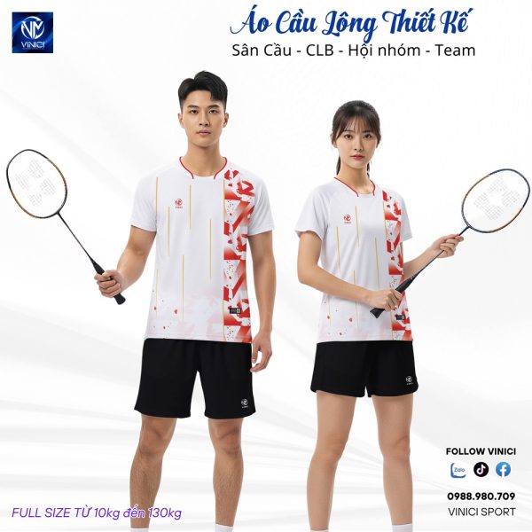 Áo Cầu Lông Thiết Kế VNCBMT37 Trắng Đỏ - Unisex Thể Thao Năng Động