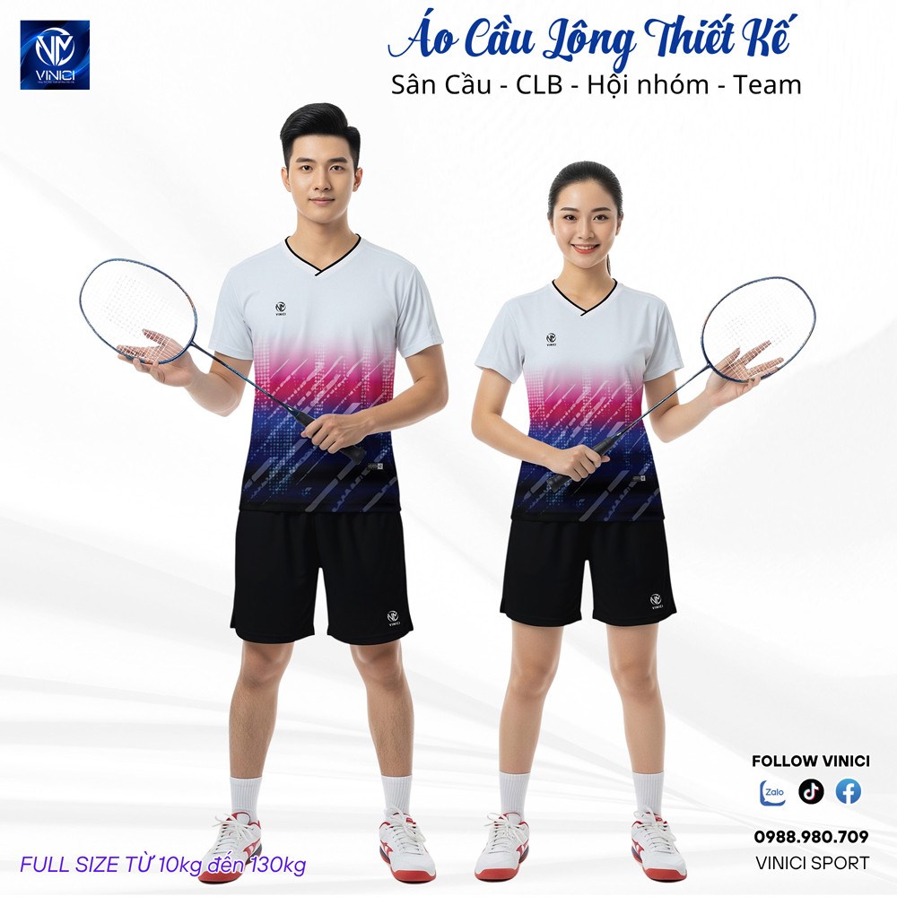 Áo cầu lông chính hãng VNCBMT25 màu trắng phối hồng tím và xanh navy