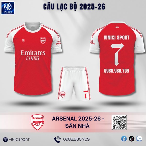 Áo đấu bóng đá clb Arsenal sân nhà 2025-2026 màu đỏ