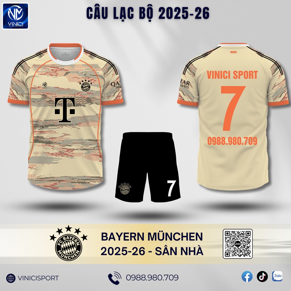 Áo đấu CLB Bayern München 2025-2026 sân nhà màu be rằn ri hiện đại