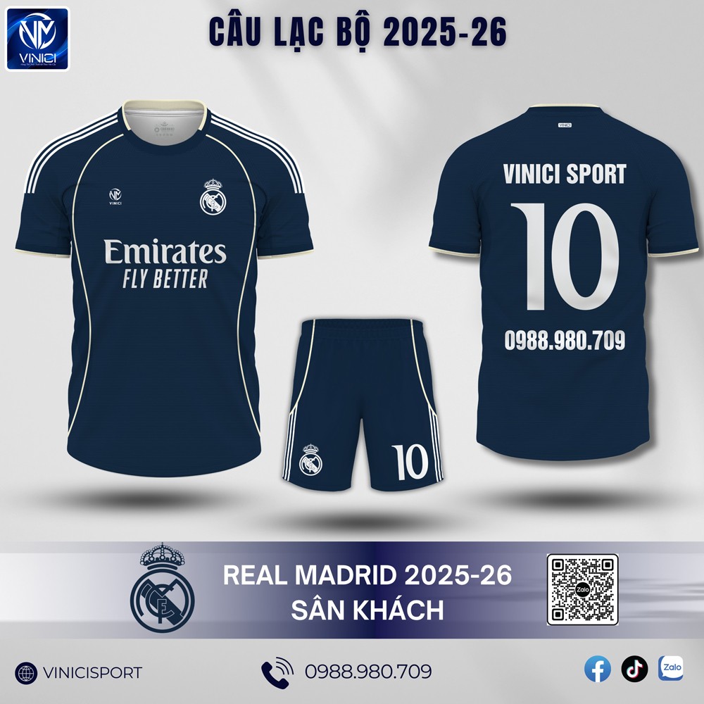 Áo đấu Real Madrid sân khách 2025-26 màu xanh navy đậm kết hợp trắng