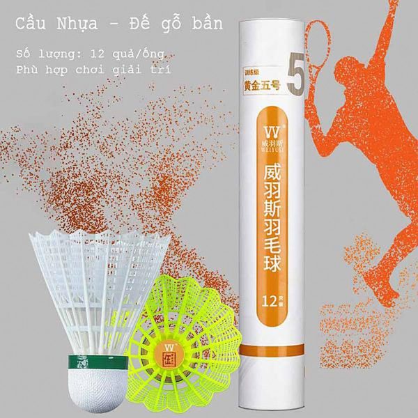 Quả Cầu Lông Nhựa Đế Gỗ WEIYUSI Gold No.5 – Trắng Vàng Cam Chất Lượng Cao - Ống 12 quả