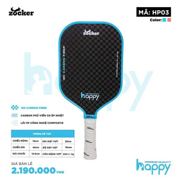Vợt Pickleball Zocker HP03 - Đen Carbon Viền Xanh Dương