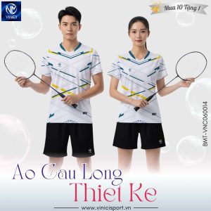 Áo cầu lông thiết kế Vinici trắng sọc xanh vàng - BMT-VNC060014
