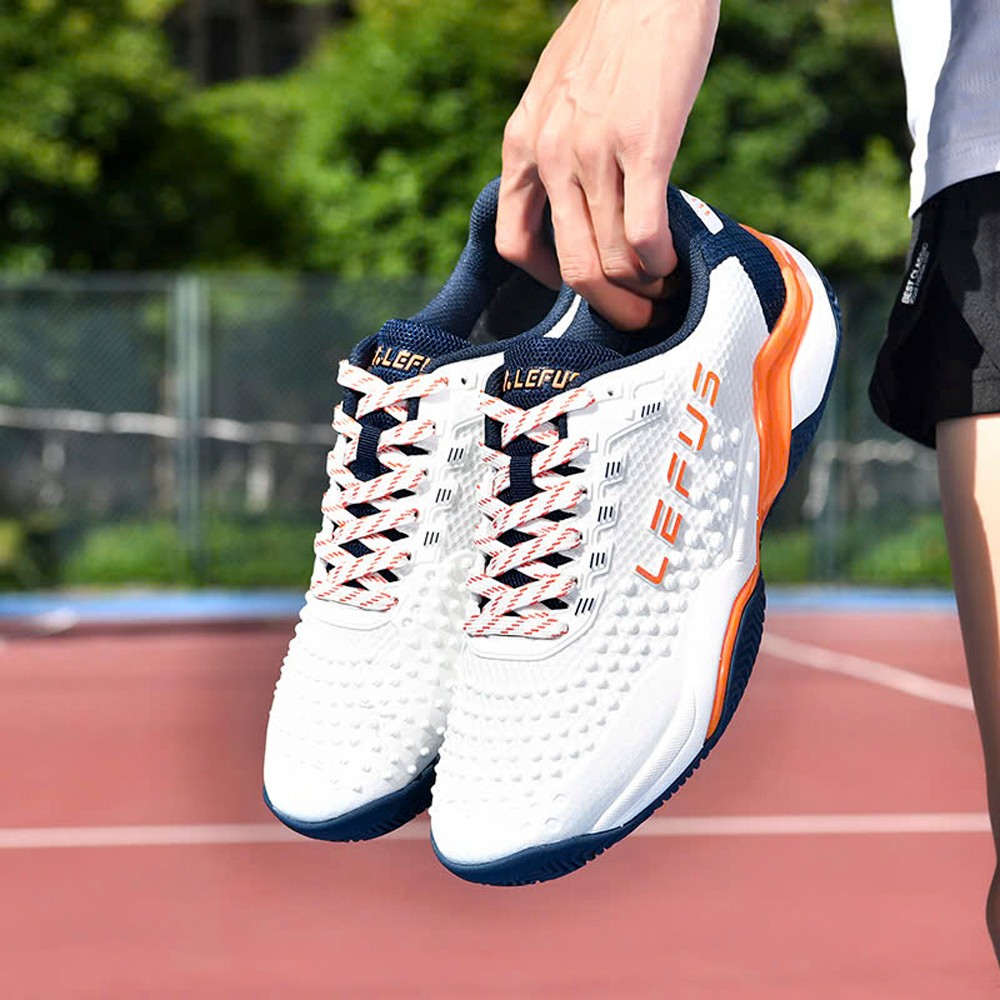 Giày Pickleball/Tennis Lefus L036 màu trắng phối navy cam – đế cao su chống trượt
