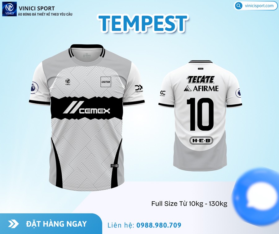Áo đá banh Tempest trắng đen xám thiết kế thể thao cao cấp từ Vinici Sport