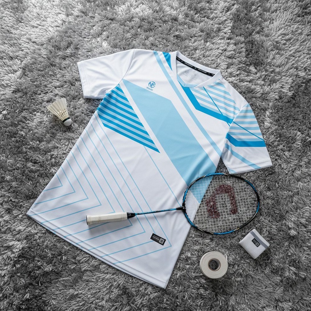 Áo cầu lông nam trắng phối xanh cyan CL-18 phong cách thể thao hiện đại