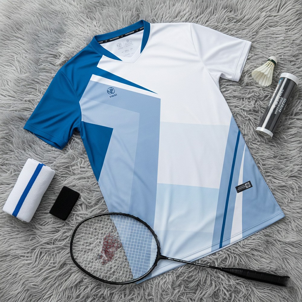 Áo cầu lông nam trắng xanh CL-36 thấm hút mồ hôi, form slim-fit